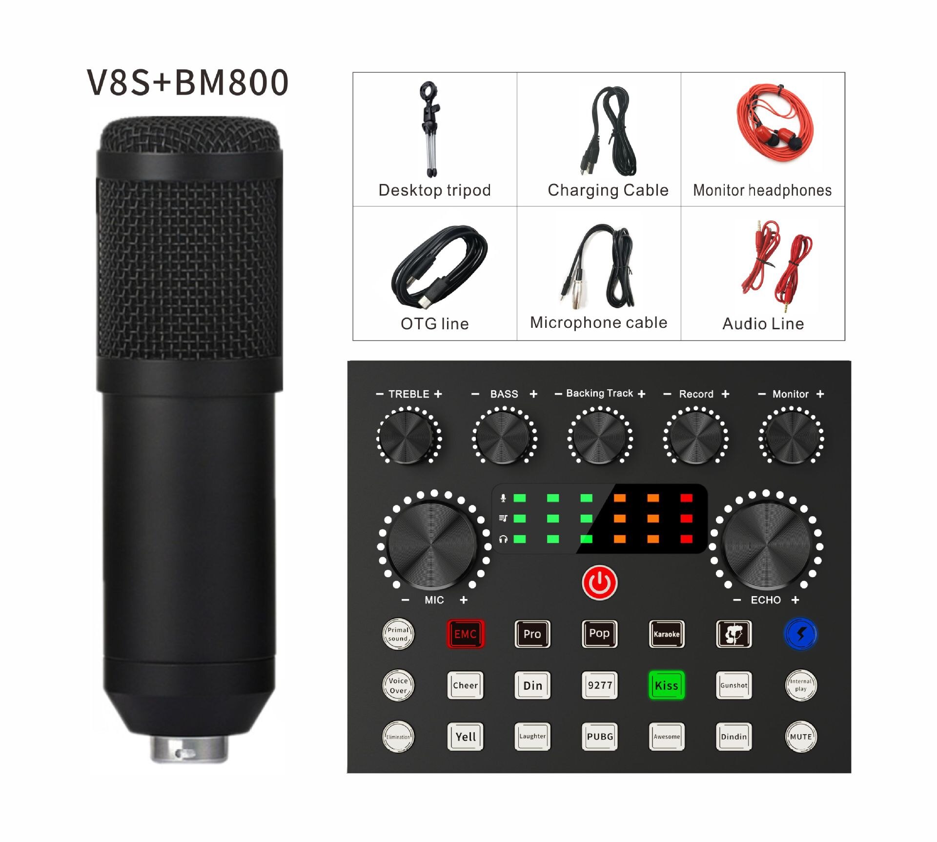 Conjunto de tarjeta de sonido para DJ, micrófono condensador mezclador de Audio, soporte USB, Karaoke, OKKTV, grabación en vivo, V8S, BM800