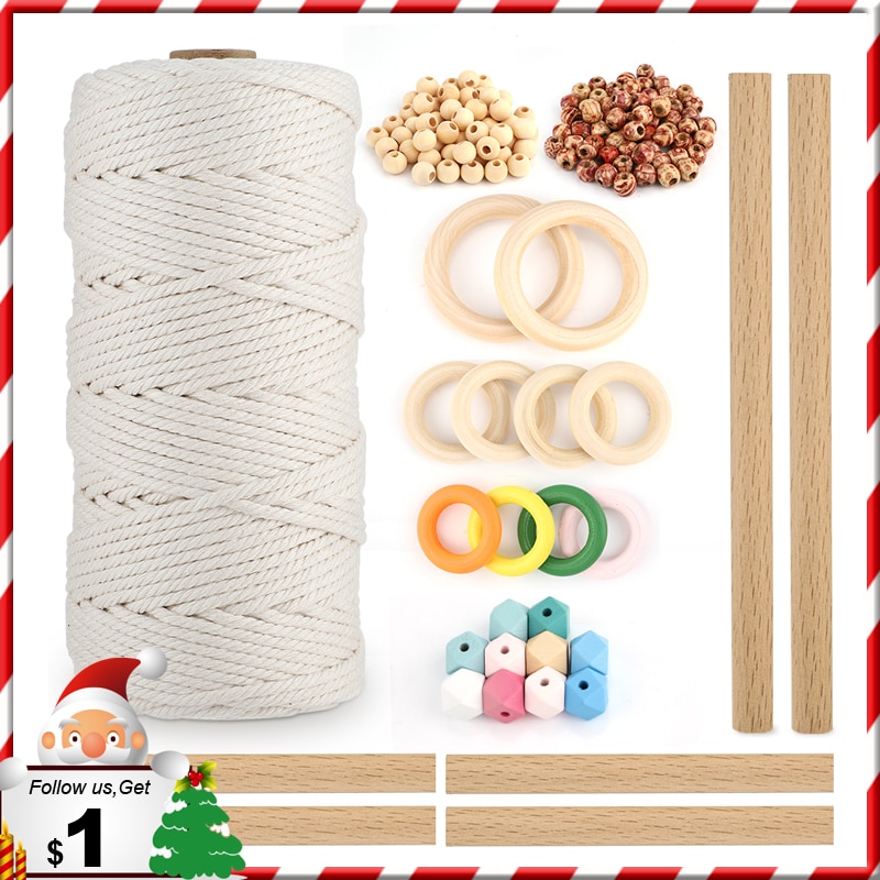 Macrame Cord Kits Natural Cotton Rope with Wood Ring Wood Stick for DIY Teether Macrame Kit Wall Hanging Plant Hanger