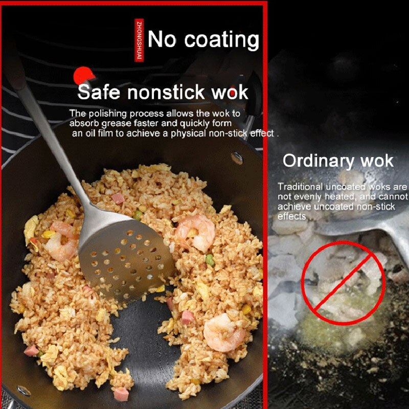 Ijzeren Wok Traditionele Handgemaakte Ijzeren Wok Non-stick Pan Non-Coating Gas Fornuis Inductie Kookplaat Universele kookgerei