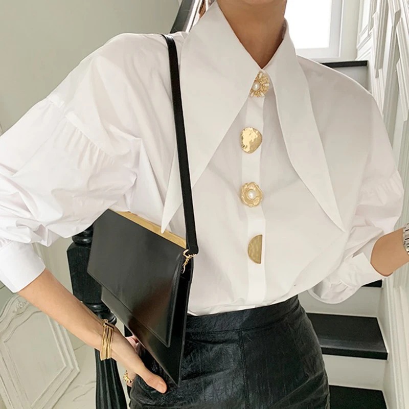 Weiße Elegante Perle Frauen Hemden Koreanische Scharf Ecke Kragen verlieren Lange Hülse Damen Bluse Y2k Neue schick Weibliche Spitzen
