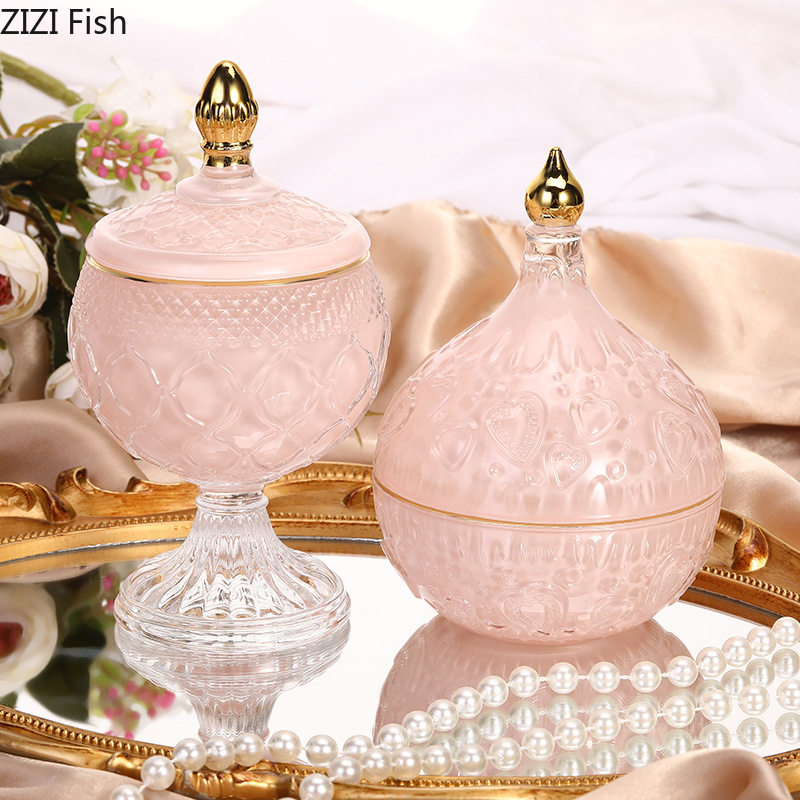 Pink Relief Glass Jars and Lids Dressing Table Jewelry Dish Cosmetic Containers Transparent Crystal Storage Jars Candy Pots