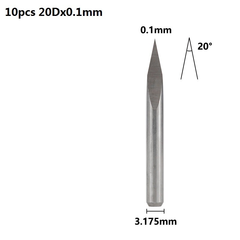 Xcan 3 Rand Piramide Graveren Bits 10 Stuks 20/30/40/45/60/90 Graden Tip 0.1-0.3Mm 3.175Mm Shank Cnc 3D Frees: 10pcs 20Dx0.1mm
