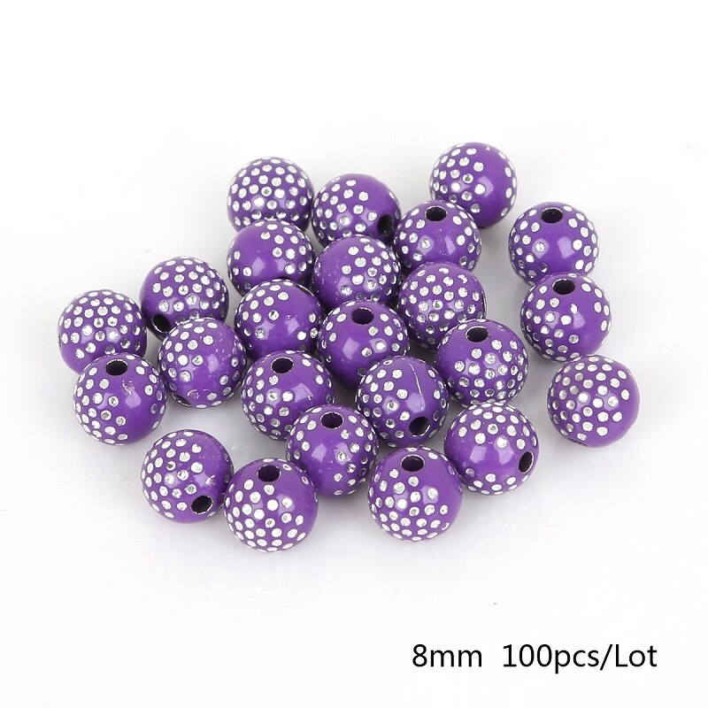 100 stk 8mm farverige runde akrylperler rhinsten charme perler til smykkefremstilling gør-det-selv håndværk scrapbog dekoration: Mørke lilla