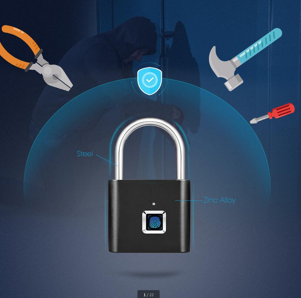 Nøglefri usb genopladelig dørlås fingeraftryk smart hængelås hurtig oplåsning zinklegering metal selvudviklende chip