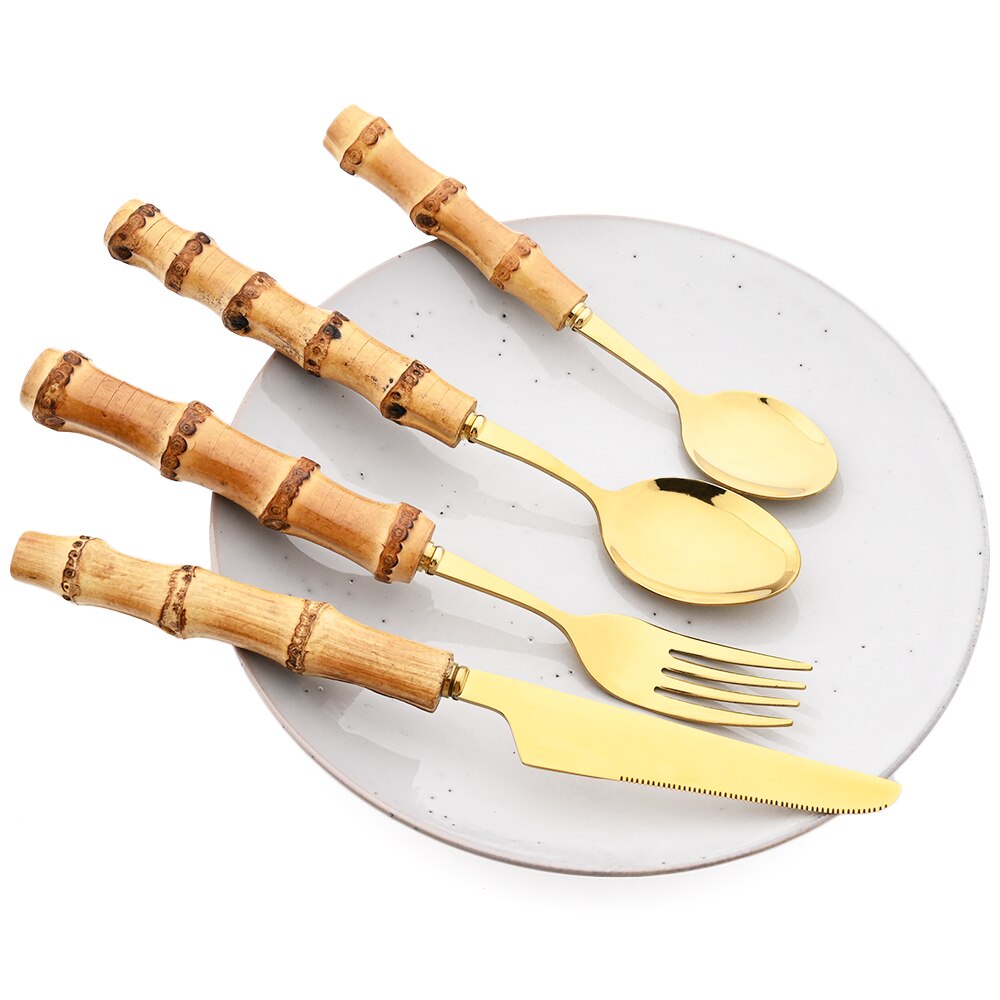 Bamboo Handle Cutlery Set Steak Knife Fork Coffee Tea Spoon Tableware Set Mirror Stainless Steel Flatware Kitchen Dinnerware Set