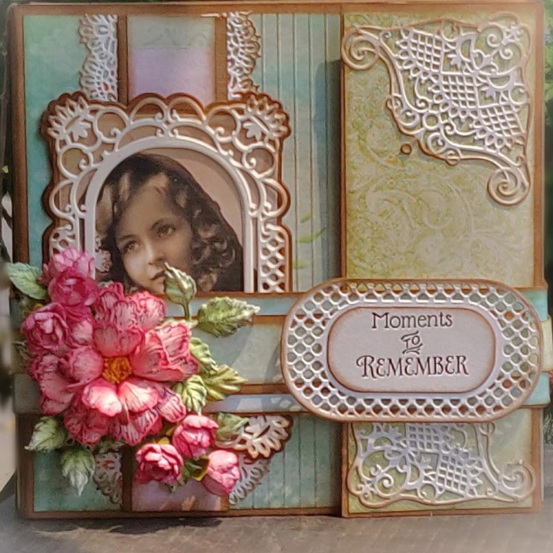 Retro Swirls Flowers Brochure Shaped Rectangle Photo Frame Edge DIY Scrapbooking Album Cards Paper Craft Making Template Die Cut