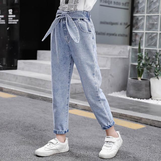 Forår børne jeans pige solide jeans til piger sløjfe piger jeans bukser efterår afslappet pigetøj 6 8 10 12 14 år: 5