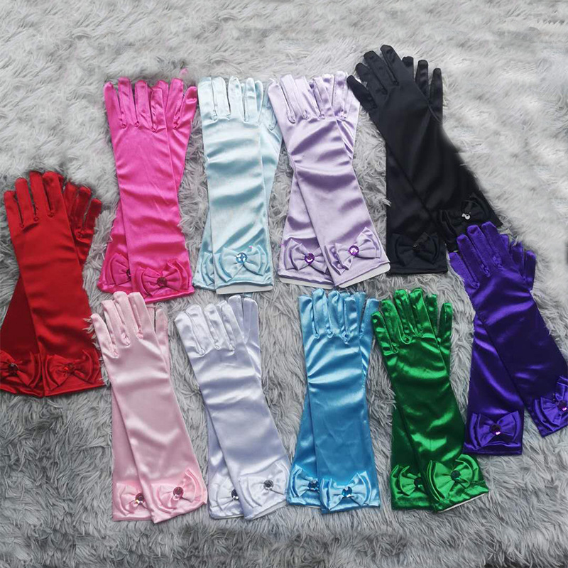 Guantes largos de baile de princesa para niños, vestido de novia de satén para niñas, accesorios de disfraz con lazo, de cumpleaños y Navidad
