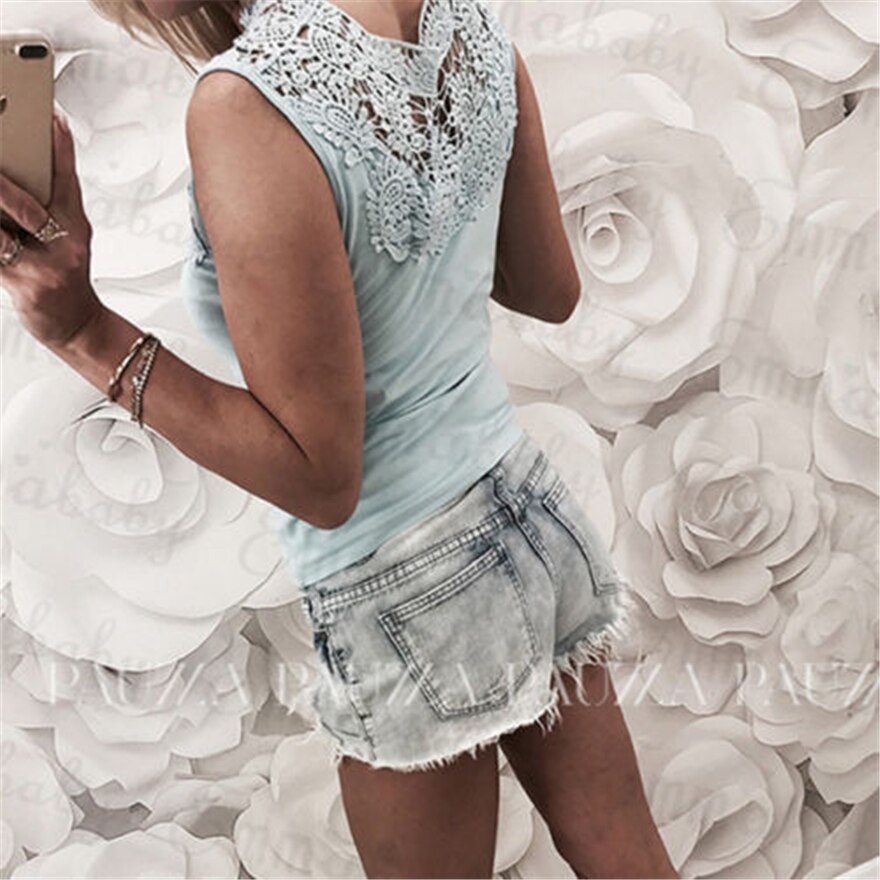 Sommer blonder broderi tank top kvinner ermeløs slank casual vest topper v-hals skjorte hvite kvinnelige damer sommer tees