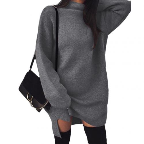 Hiver femmes couleur unie col roulé en vrac à manches longues tricoté robe pull col haut en vrac tricot fendu robe pull: Dark Gray / XXXL