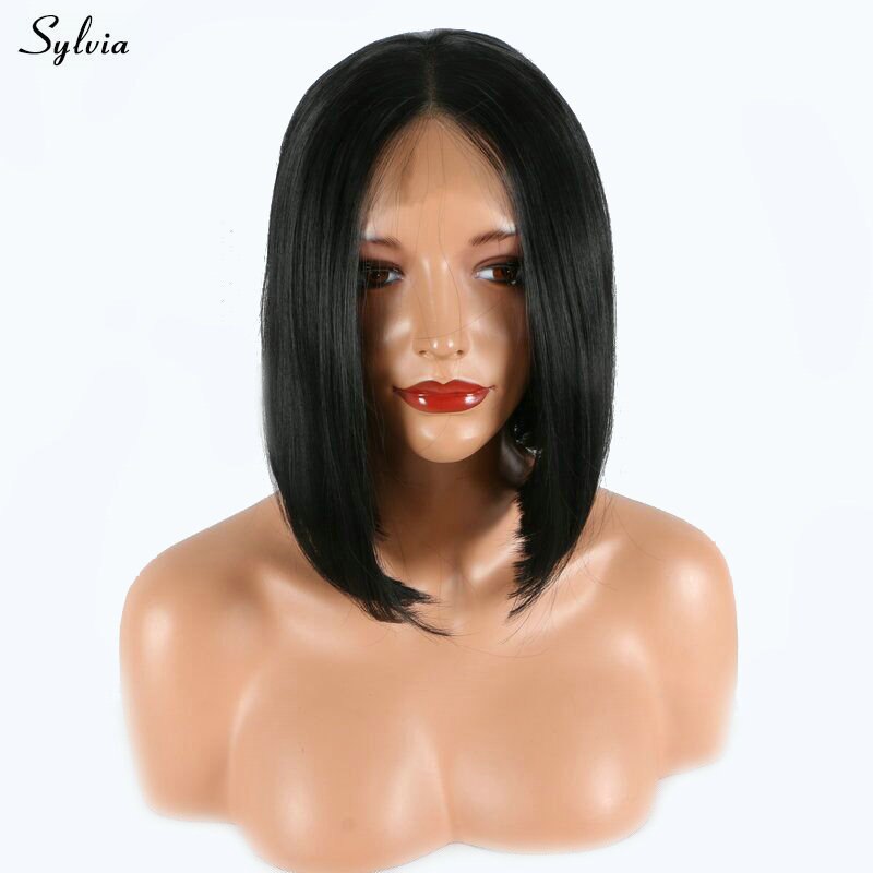 Sylvia short bob lace front synthetic wig natural black middle part soft hair China style women replacement heat resistant fiber: Default Title