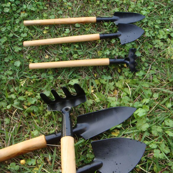 Juego de rastrillos de 3 uds, juego de herramientas de jardín para bonsái, pala de cabeza de Metal con mango de madera para niños, plantas en macetas de flores de jardín