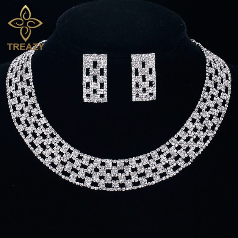 TREAZY Luxe Crystal Bruids Sieraden Sets Zilver Kleur Strass Choker Ketting Bruiloft Engagement Sieraden Sets voor Vrouwen