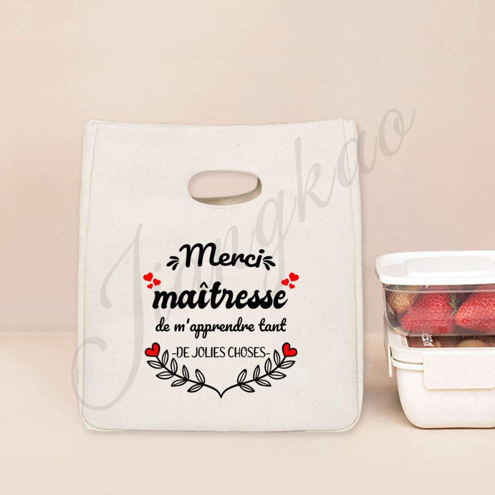 Merci Maitresse Maitre French Printed Lunch Bag Insulated Cooler Bento Tote Thermal Food Bags Teacher's Day for Teachers