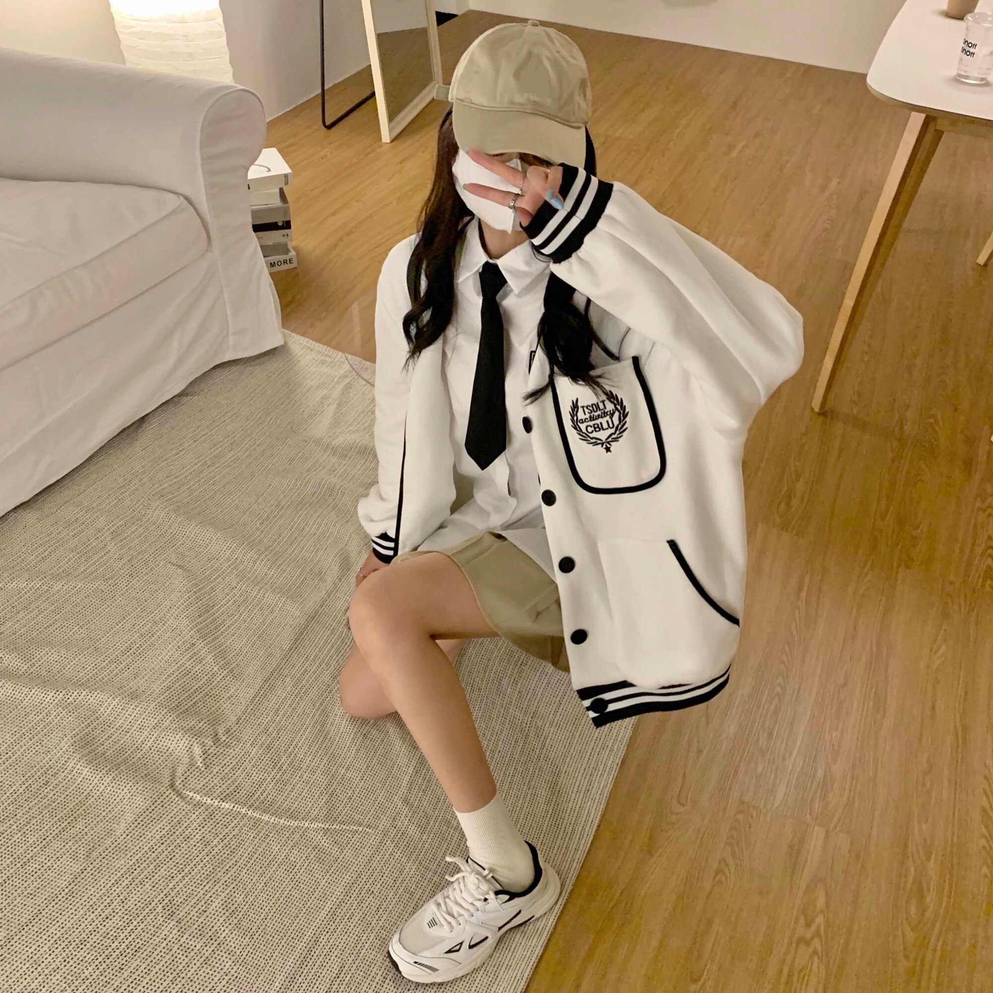 Abrigo de Niña estudiante, chaqueta de béisbol para novia, Rebeca de manga larga suelta Coreana de algodón pequeño americano versátil blanco
