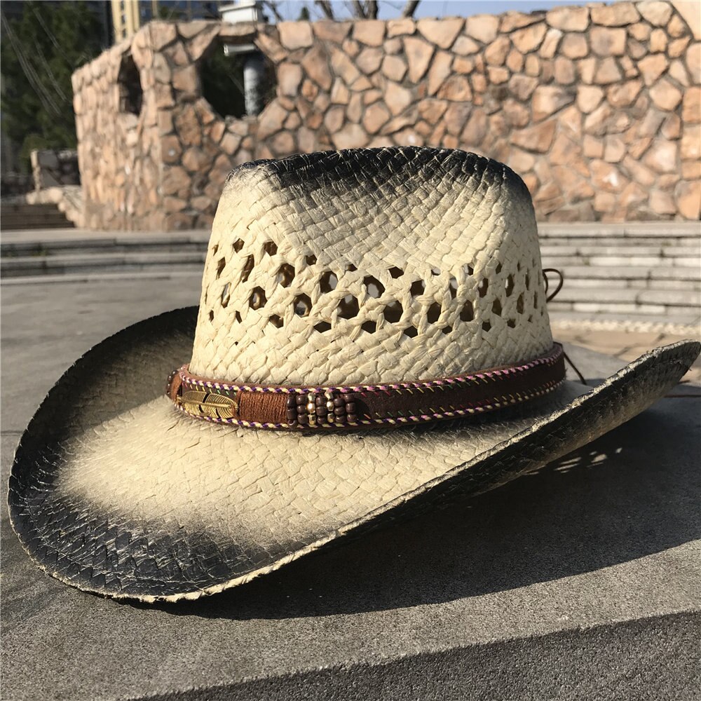 Handgemaakte Vrouwen Mannen Hollow Western Cowboy Hoed Vader Schipper Strand Sombrero Hombre Hoed Dame Handgemaakte Stro Sunbonnet Zonnehoed: Black HEE