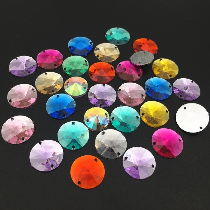 14mm 50 stuks Ronde Naaien Acryl Rhinestone Naai Op Punt Facet Kristallen Plaksteen Twee Gaten Rivoli Naai-On kledingstuk Stenen