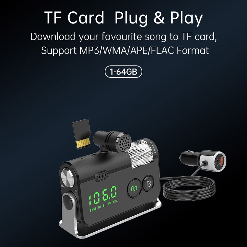 FM Transmitter Bluetooth 5.0 Car Kit Handsfree AUX Audio Receiver MP3 Player QC3.0+PD 18W USB Charger with Removable Microphone