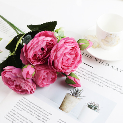 30cm pioner kunstig rose blomster bukett silke pion brud som holder blomster bryllup hjemmedekorasjon fest diy faux vår: Rød