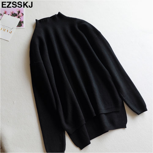 Pull ample femmes pull décontracté col roulé à manches longues chic surdimensionné tricot pull femme pulls fendu côté haut: Black