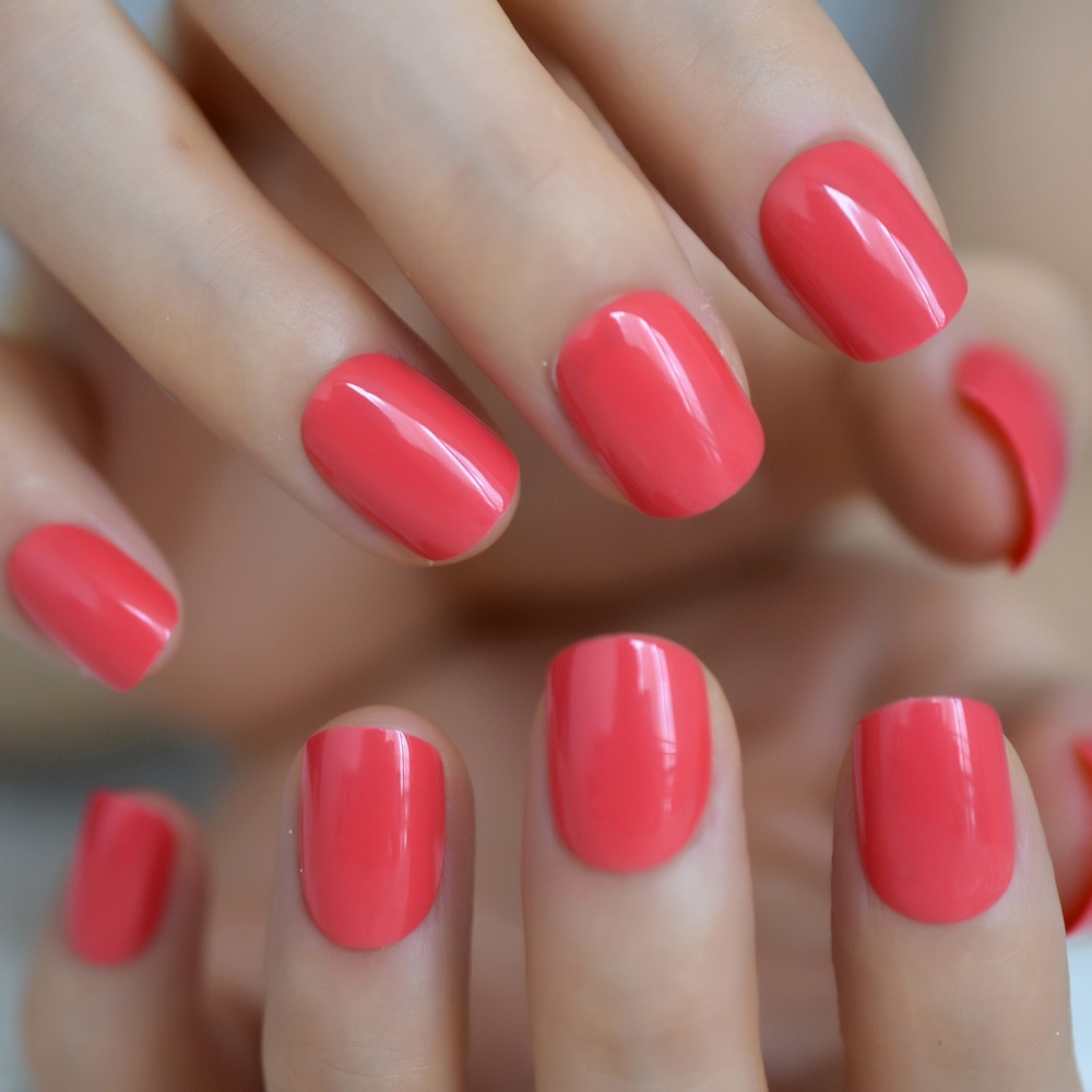 Pointe rouge néon presse courte sur ongles Squoval brillant faux ongles tête carrée couleur conseils pour un usage quotidien 24