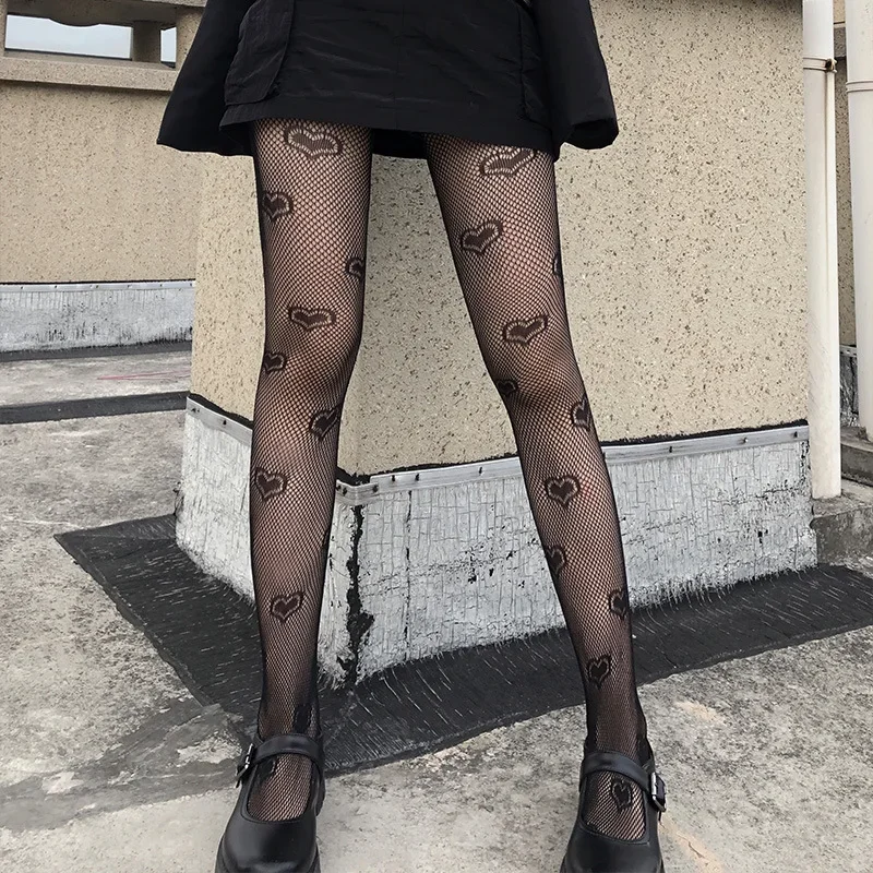 Star Heart Lolita Socks Tattoo Print Pantyhose Fishnet Stockings Kitty Cat Japanese JK Tights Gothic Cosplay Lace Black Tights: GRAY