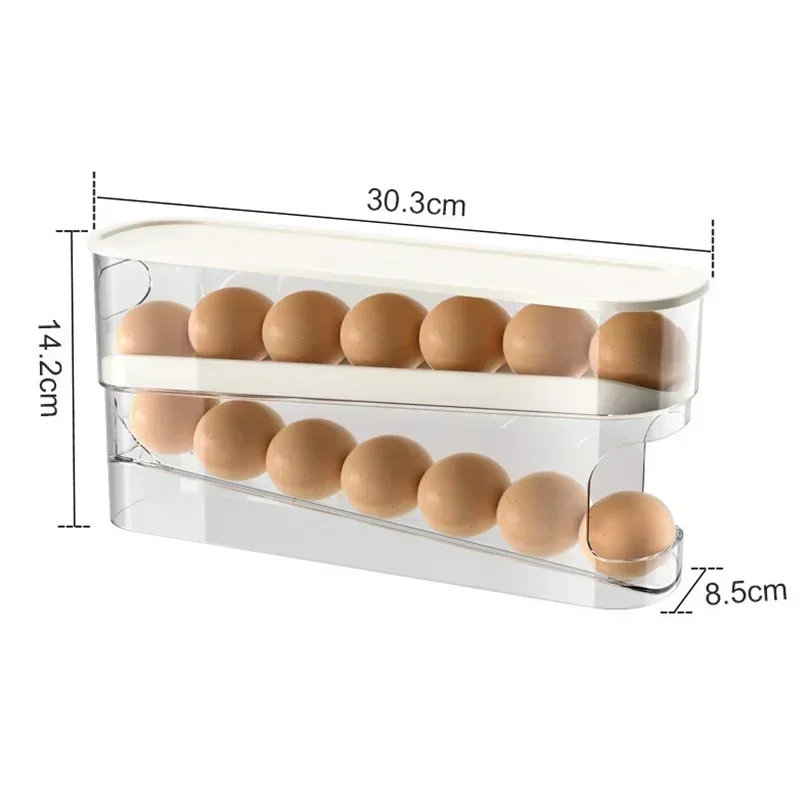 Caja de almacenamiento de huevos para refrigerador, soporte de huevos de desplazamiento automático, estante de almacenamiento de huevos enrollable dedicado para cocina de gran capacidad para el hogar: Gris claro