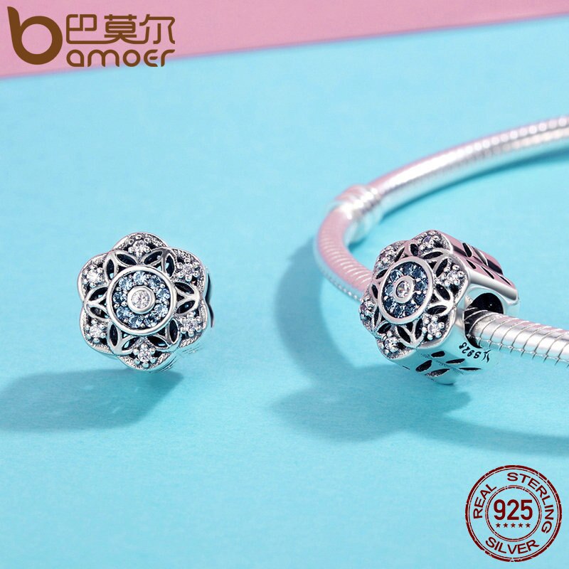 BAMOER Authentic 925 Sterling Silver Romantic Snowflake, Dazzling CZ Beads fit Charm Bracelet Bangle Jewelry SCC247