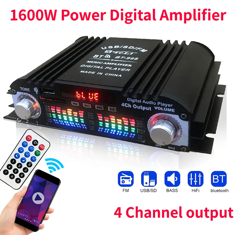 1600W moc szczytowa wzmacniacz dźwięku HiFi cyfrowy 4-kanałowy wzmacniacz audio Bluetooth odtwarzacz karaoke radio FM obsługa pilota