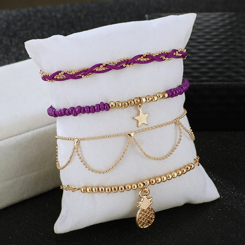 Tocona 4 pièces/ensembles gland Bracelets de cheville pour femmes ananas étoile perle réglable pied Bracelets chaîne corde bijoux 8812