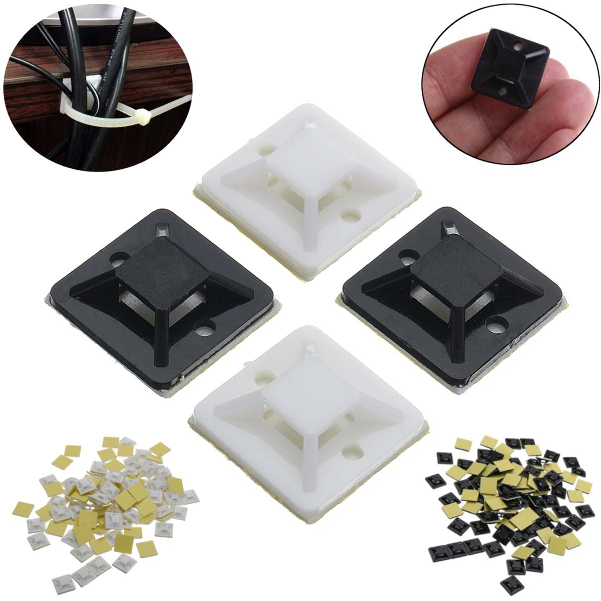 200PCS 100Pcs 20x20mm Self Adhesive Stick-on Mounts For Cable Ties / Routing Looms Wire & Cable Base Clamps Clip Black White