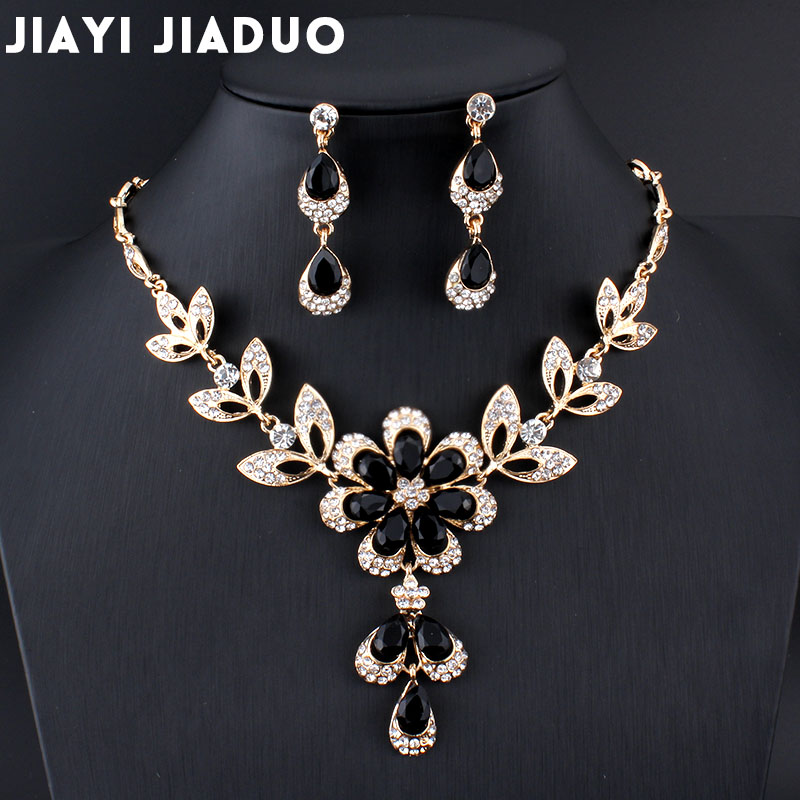 jiayijiaduo African female costume Jewelry set for women Gold color Black Red Golde-color Necklace earrings set wedding