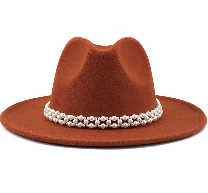 Women Wool Fedora Hat with Imitation Pearl Ribbon Gentleman Lady Winter Autumn Wide Brim Church Girl Jazz Cap: WYH-4957-8
