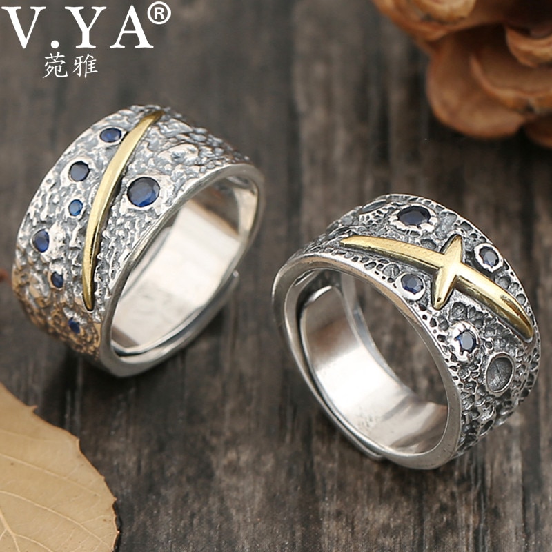 V.YA 925 Anello In Argento Sterling per Gli Uomini Thai Argento Anello Aperto Anello Blu Zircone Homme Gioelleria Raffinata E Alla Moda Anelli Regali
