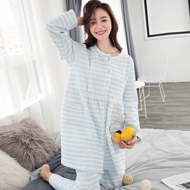 Graviditets plejesæt gravid pyjamas nattøj til efter fødslen bomuldstoppe og bukser langærmet tøj stribet pyjamas til gravide