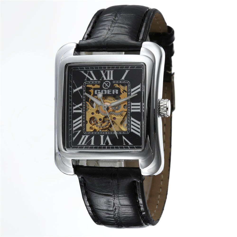 Top Luxe Vierkante Automatische Mechanische Skeleton Horloges Pu Leather Casual Heren Horloges Relogio Masculino Goer