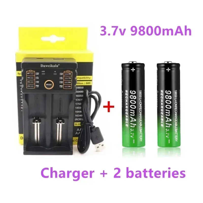 New18650 Battery 9800mAh 3.7V 18650 Li-ion batteries Rechargeable Battery For Flashlight Torch +Charger: black