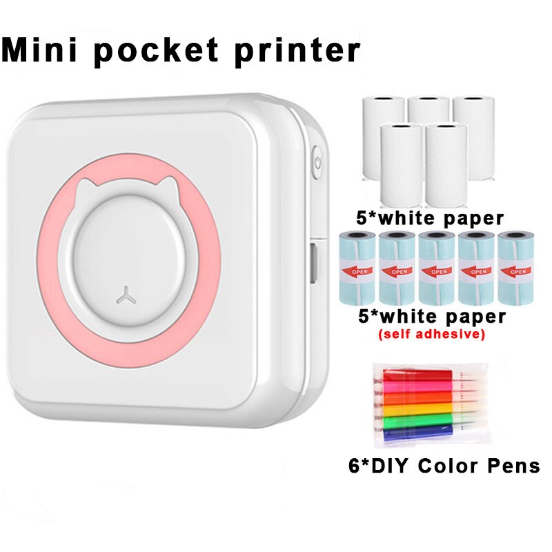 Mini Printer Portable Thermal Printing Machine Bluetooth Mini Photo Picture Label Printer for Android iOS DIY Home Use Printer: pink-10-pcs