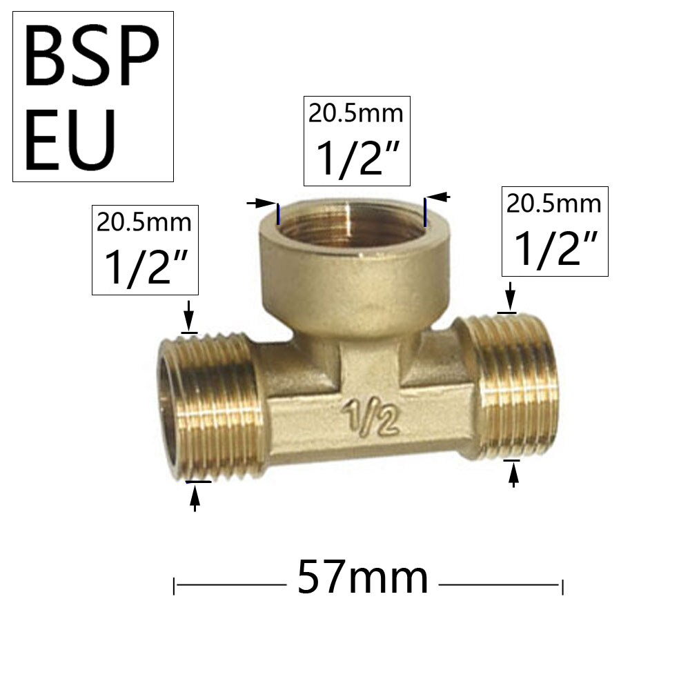 Brass 1/2 Inch Male Female Thread Coupler Tee Water Hose Splitter Copper 3-Way Connector Fitting Tube Water Plumbing Joints