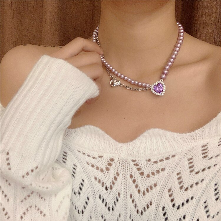 HUANZHI Retro Perle Chian Halskette Bunte Strass Liebe Multilayer Choker Halskette für Frauen Mädchen Partei Schmuck