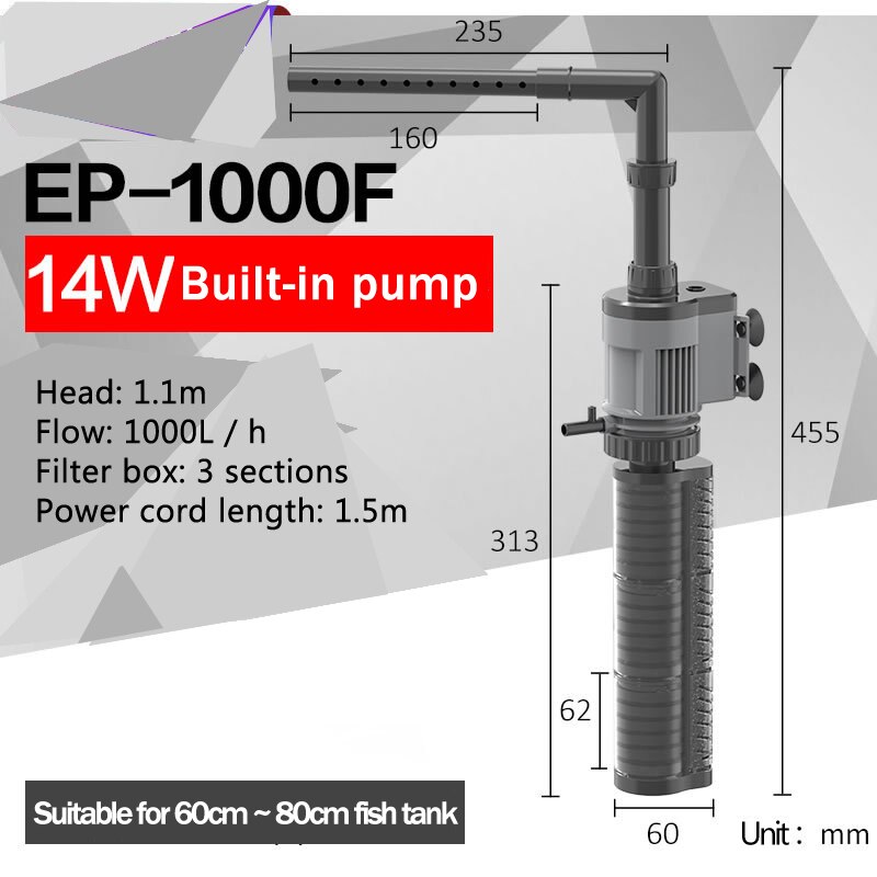 Multi-functio Internal Aquarium Filter Pump Submersible Fish Tank Water Pump Filter Wave Surf Circulation Oxygen Pump goldfish: 14W