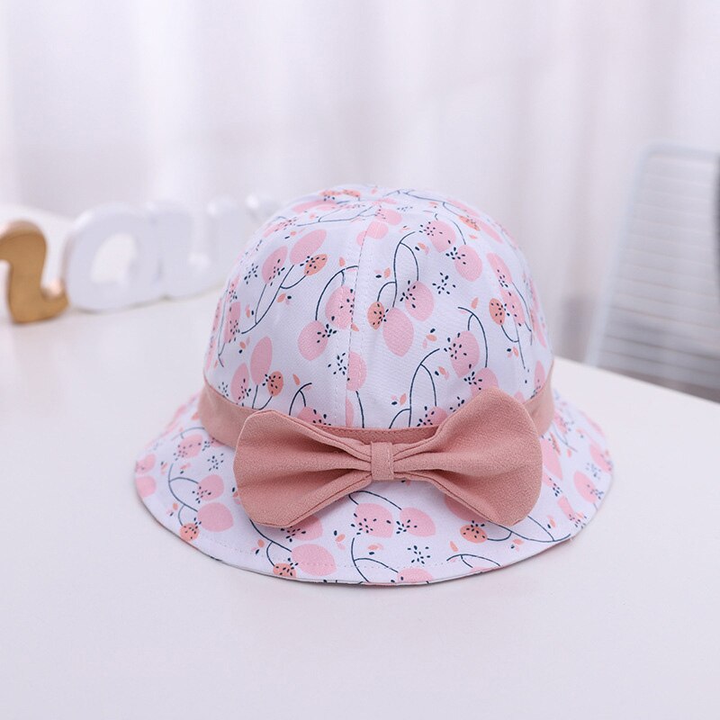 Fleur imprimé mignon bébé filles casquettes réglable nœud papillon enfant en bas âge seau chapeau été en plein air enfants soleil chapeaux enfants Bonnet: pink