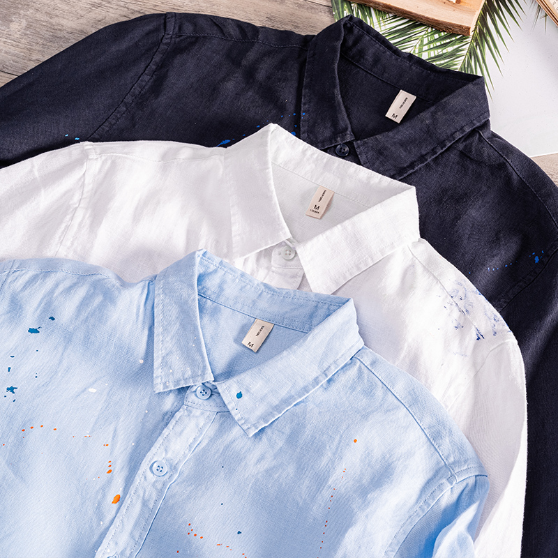 Projektant nowy z długim rękawem Casual 100% koszula lniana mężczyźni marka Trend malowanie kolor wygodny Top odzież koszulka Homme Camisas