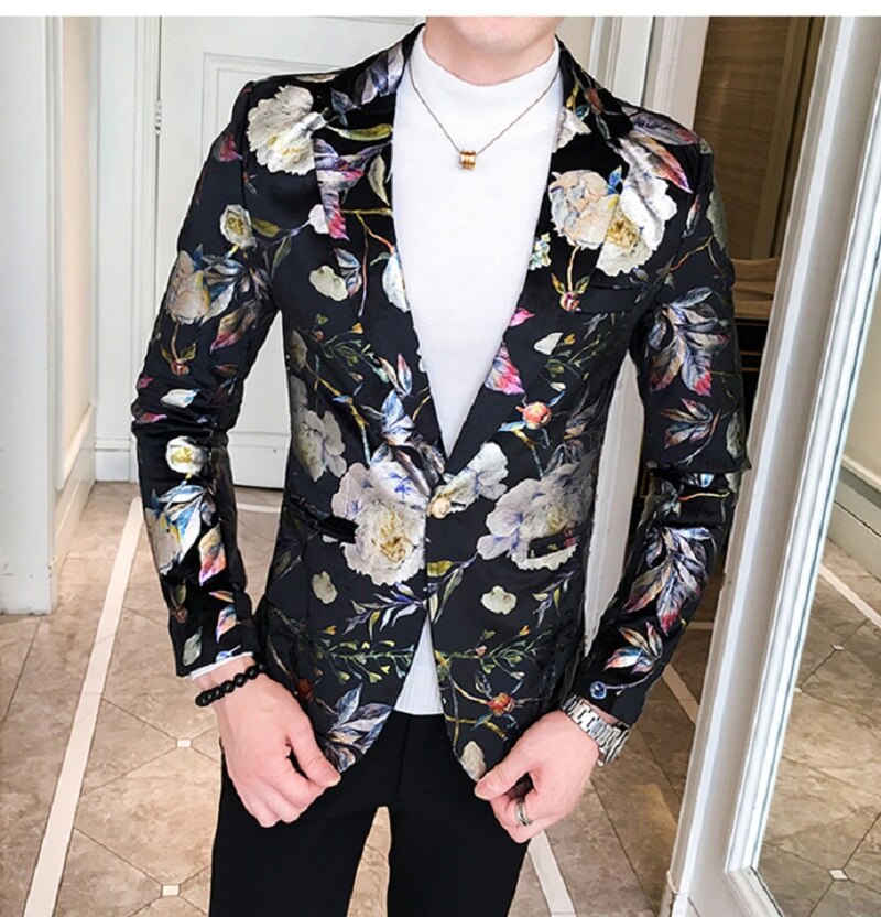 Mænds skinnende blomster trendy slankt jakkesæt blazer herre turn-down langærmet print blomstret natklub perform jakkesæt