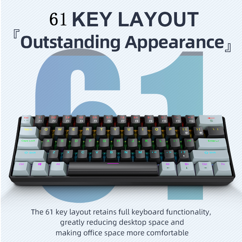 APAYADO K61 Teclado mecánico para juegos con cable al 60%, mini de 61 teclas, retroiluminado RGB, interruptor rojo/azul, portátil para PC y portátil
