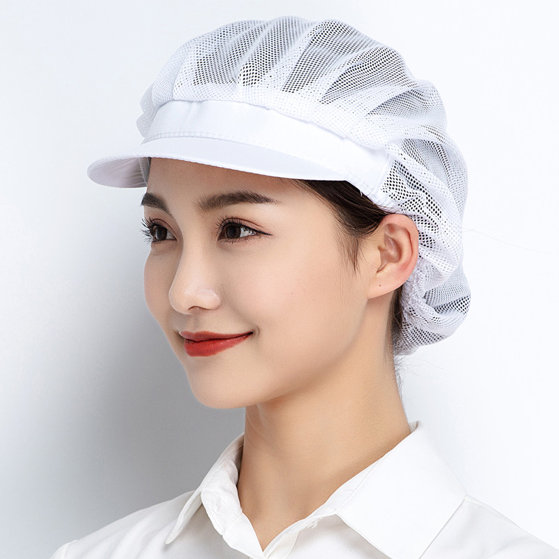 Pustende netting arbeidslue dame herre hårtildekket hatt verkstedhatt serveringshatt bakehatt kjøkken matlaging visirhatt med brem: Hvit