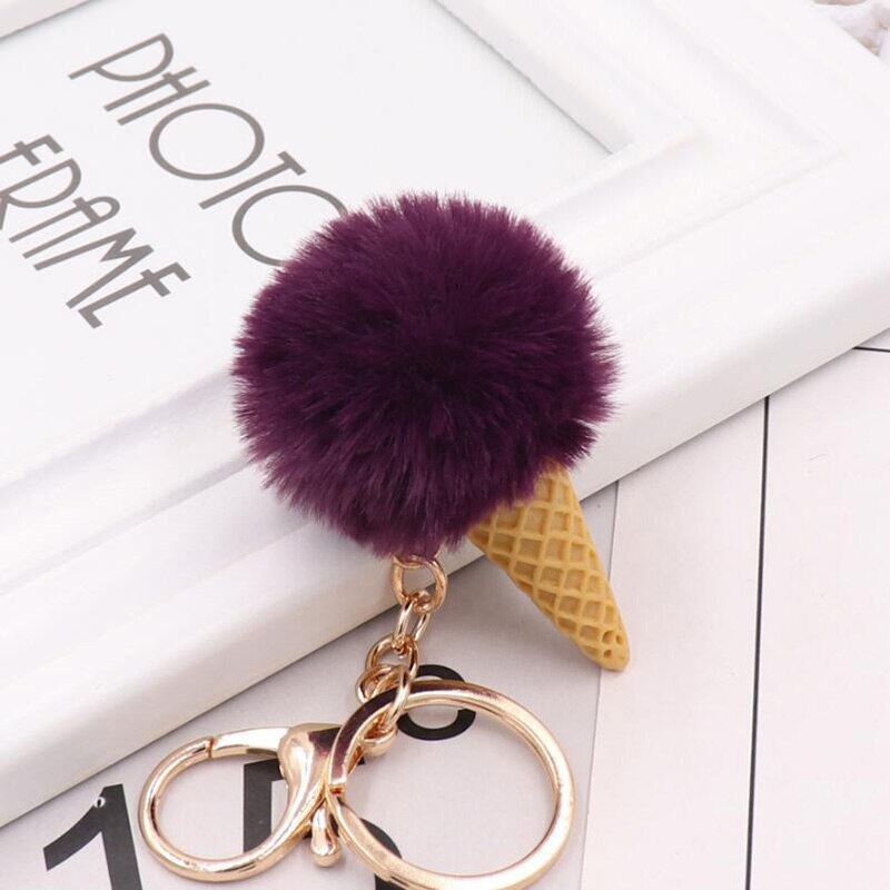 Cute ice cream Keychain Glitter Pompom Key Chain for Women Llaveros Mujer Car Bag Accessories Key Ring Wedding Souvenir: Deep purple