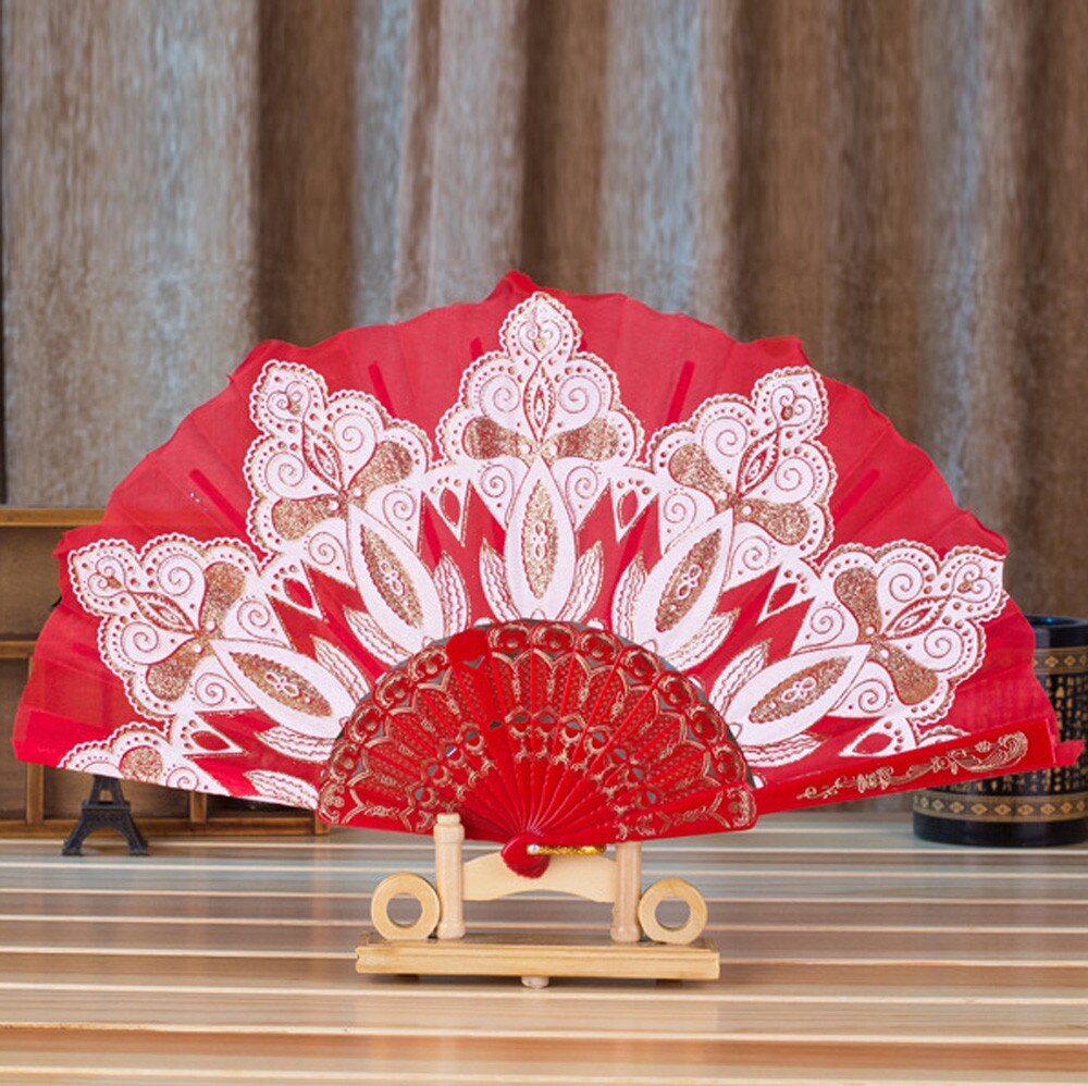 Kinesisk / spansk stil dans bryllupsfest blonder silke folde håndholdt blomstervifte: Rød