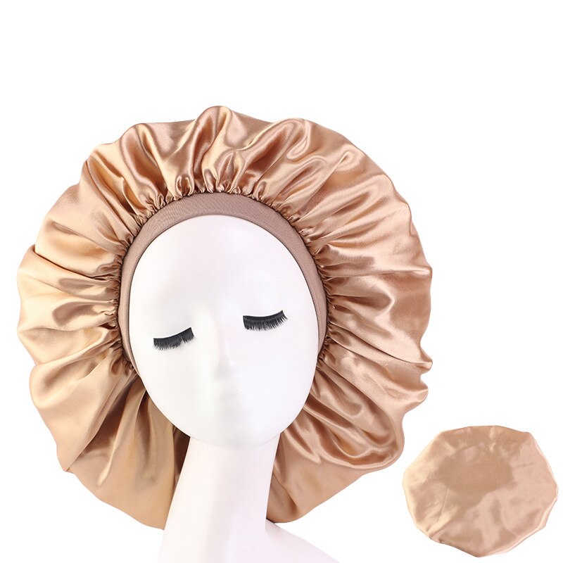 Fshion Women Satin Night Sleep Cap Hair Bonnet Hat Silk Head Cover Wide Elastic Band: KAKI