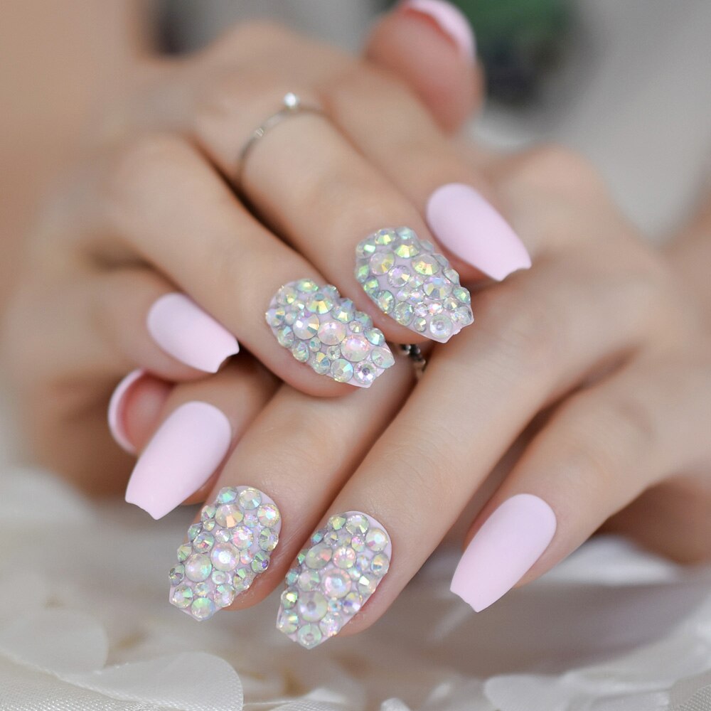 Rhinestone Matte Doodskist Korte Nagels Maroon Rood Kleurrijke Edelsteen Handgemaakte Nep Nagels Frosted Party Lady Nagels: L5034